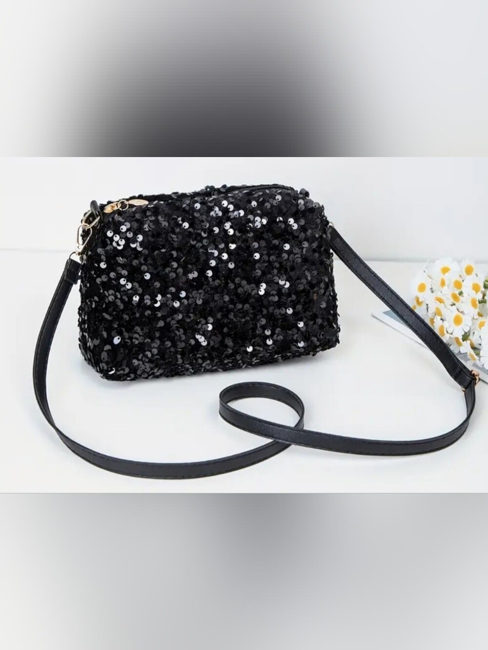 Sequin Crossbody Clutch - Black